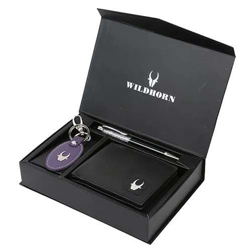 Dashing WildHorn Leather Mens Wallet with Keychain and Black Diamond Pen