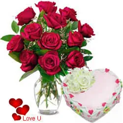 12 Exclusive Dutch Red Roses in vase and A Fresh Baked Heart Shaped Cake 1 Lb and a Cadburys Chocolate.