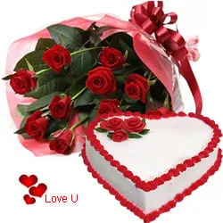 Exclusive Dutch Red Roses Bouquet with Heart Shaped Cake