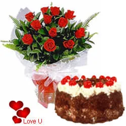 12 Exclusive Dutch Red Roses with Black Forest cake 1 Kg from 5 star Hotel Bakery