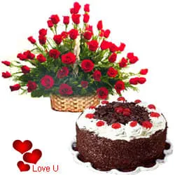 50 Exclusive Dutch Red Roses with Black Forest cake 1 Kg from 5 star Hotel Bakery