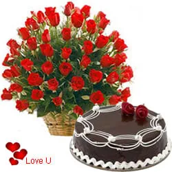 50 Dutch Red Roses Basket with Black Forest Cake.