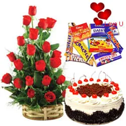 18 Dutch Red Roses Bouquet with 1 Lbs. Black Forest Cake and 1 Cadburys Celebration Pack