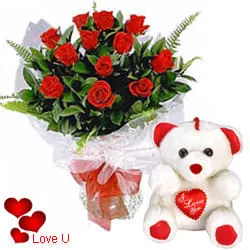 12 Exclusive Dutch Red Roses Bunch with Cute Love Teddy Bear