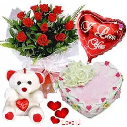 12 Exclusive Dutch Red Roses Bunch with Cute Teddy Bear Love Cake 1 Lb and Heart Shaped Balloons
