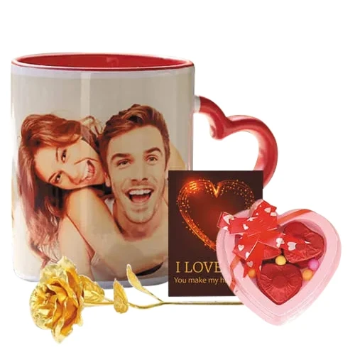 Alluring Personalized Photo Mug with Heart Chocolate N Rose