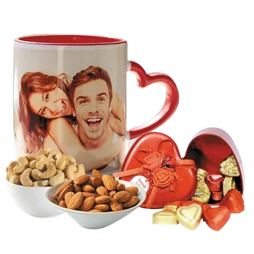 Mesmerizing Personalized Photo Mug n Heart Chocolates with Dry Fruits
