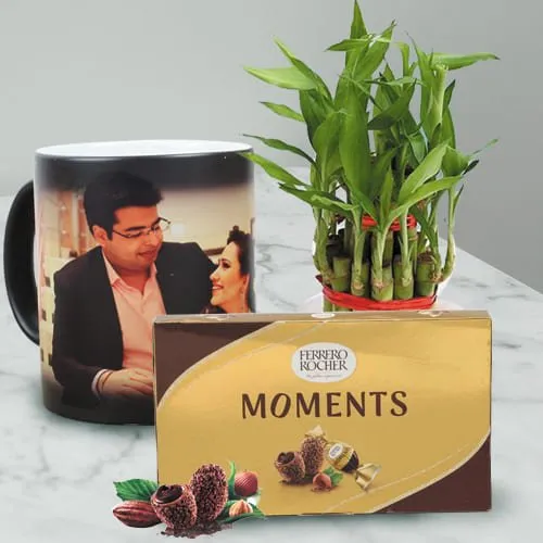 Lovely Personalized Photo Magic Mug with Ferrero Rocher N Bamboo Plant