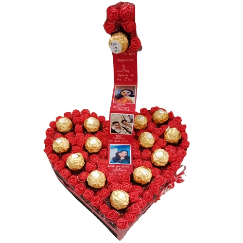 Special Heart of Personalized Photos n Ferrero Rocher with Art Roses n Lights