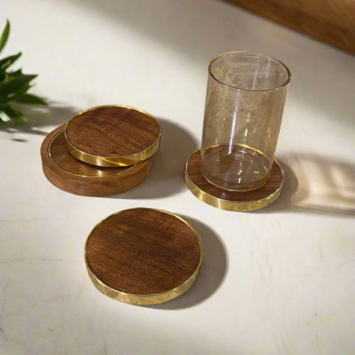 Stylish Brass Wood Coaster Quartet