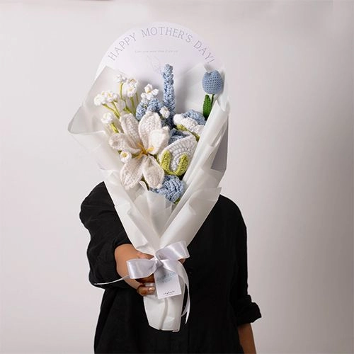Graceful Mothers Day White  N  Blue Crochet Bouquet