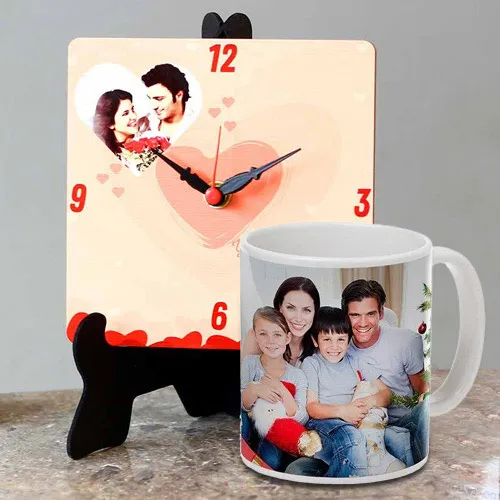 Elegant Personalized Photo Table Clock with a Personalized Coffee Mug