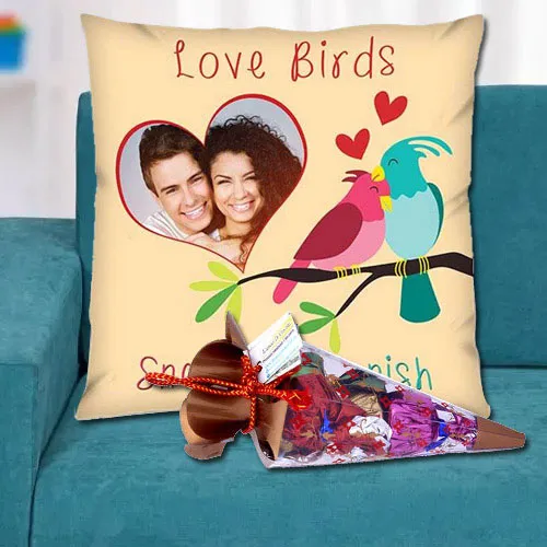 Magnificent Personalized Cushion with a Cone of Handmade Chocolates