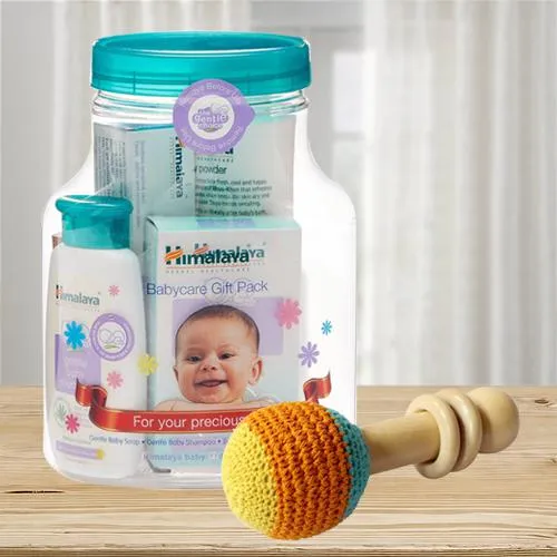 Wonderful Wooden Rattle Toy with Himalaya Herbals Babycare Gift Jar
