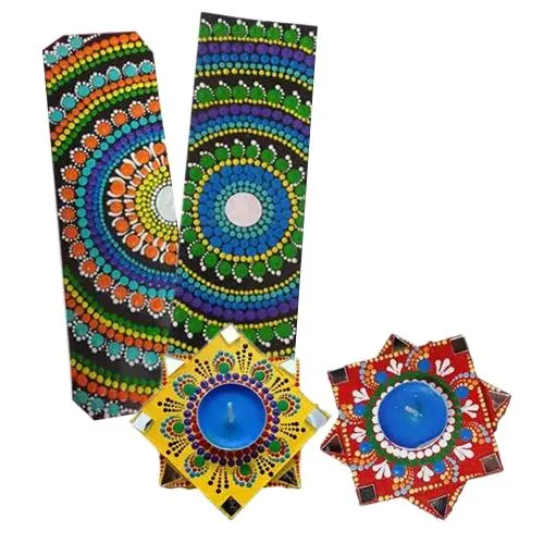 Outstanding Dot Mandala Art Handmade Gift Set of Diya n Bookmarkers