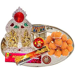 Marvelous Ganesh Lakshmi Idols with Silver Plated Thali and Pure Ghee Ladoo
