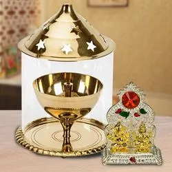 Impressive Combo of Akhand Diya in Borosilicate Glass N Ganesh Laxmi Mandap