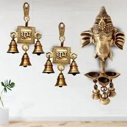 Wonderful Ganesha Wall Hanging Deepak with Bells N Shubh Labh Hanging Bells