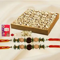 Appealing Set of 2 Rudraksh Rakhis with Cashews Roli Chawal N Card