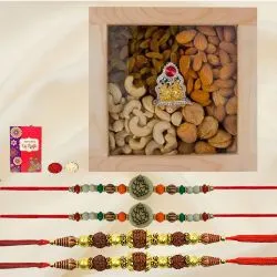 Splendid Set of Ganesh n Rudraksh Rakhi with Dry Fruits n Ganesh Laxmi Mandap