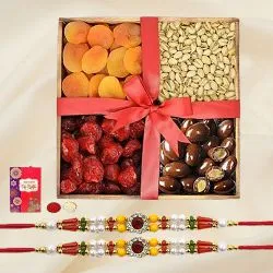 Charming Rakhi Pair with Dried Fruit Tray Rakhi Card N Roli Tika