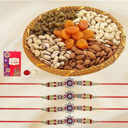 Glamorous Set of 4 Rakhis with Dry Fruit Basket Roli Teeka n Card