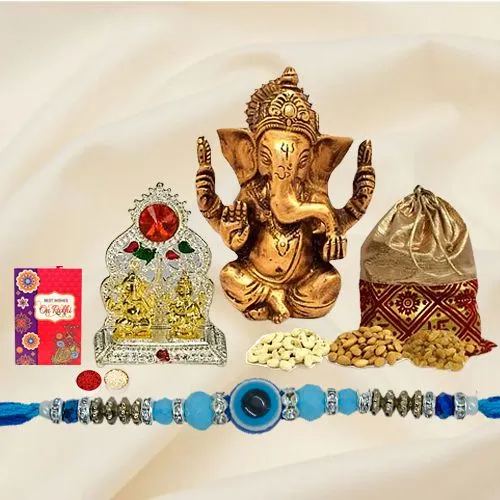 Beautiful Evils Eye Rakhi with Dry Fruits Potli Vinayak Murti n Mandap