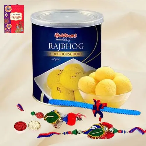 Pretty Family Rakhi Set N Haldirams Raj Bhog Free Roli Tika N Card