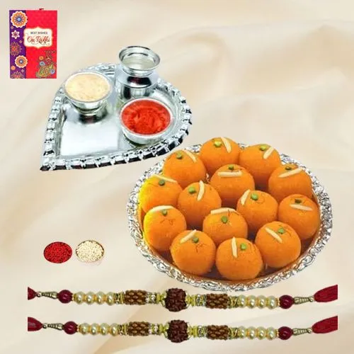 Exquisite Rudraksha Rakhi N Haldiram Motichur Laddoo Roli Tika N Card