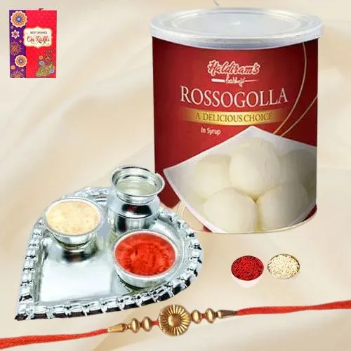 Appealing Thread Rakhi N Haldiram Rosogolla with Silver Plated Thali