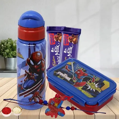 Amazing Spiderman Rakhi with Chocolate Tiffin Box N Bottle Set