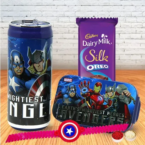 Fancy Captain America Rakhi Dairy Milk Marvel Lunch Box N Sipper Bottle
