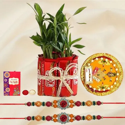 Classy Stone Rakhi with Bamboo Plant n Kitkat Arrangement n Thali