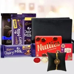 Trendy Golden Rakhi with Mens Leather Wallet n Cadbury Chocolates