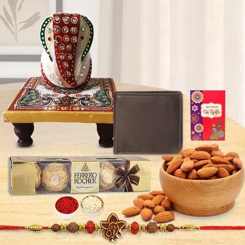 Holy Ganesh Rakhi with Wallet Marble Chowki Almond N Ferrero Rocher