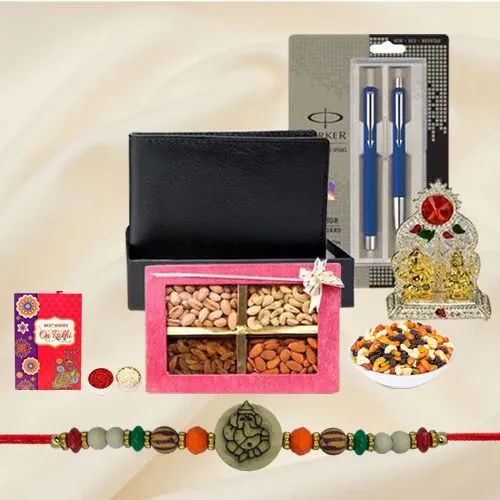 Pious Ganesh Rakhi with Leather Wallet Mandap Parker Pen n Dry Fruits