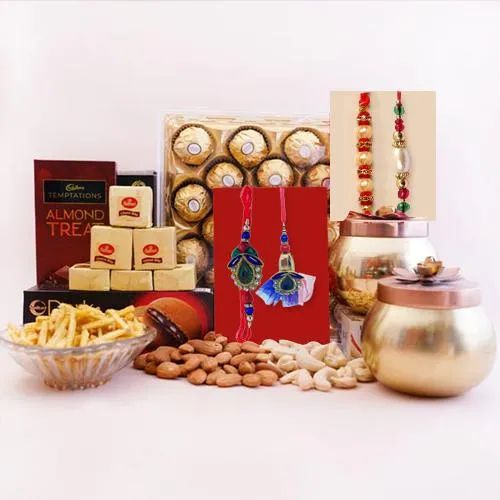 Designer N Pearl Rakhi Set with Chocolates N Dry Fruits Hamper