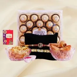 Trendy Twin Golden Rakhi with Ferrero Rocher n Savory Items