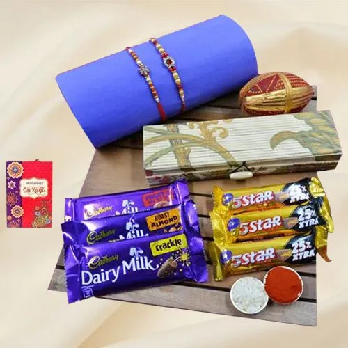 Pretty Stone Rakhi Pair with Cadbury Chocolates in Bamboo Box