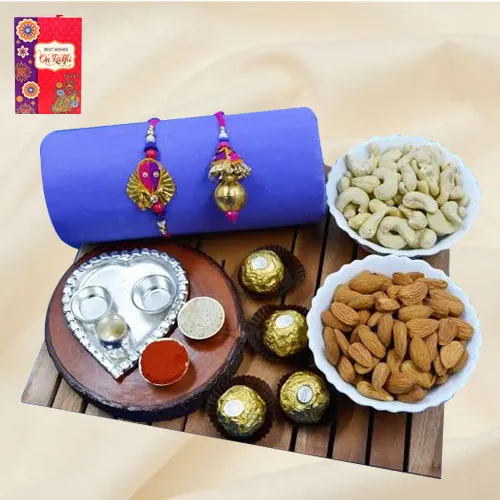 Designer Zardosi Rakhi Lumba with Puja Thali Dry Fruits n Ferrero Rocher