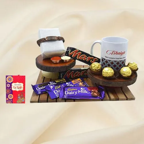 Trendy OM Bracelet Rakhi with Bhaiya Coffee Mug N Chocolate Hamper