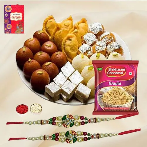 Delightful Rakhi Pair with Tasty Bhujia N Assorted Mithai