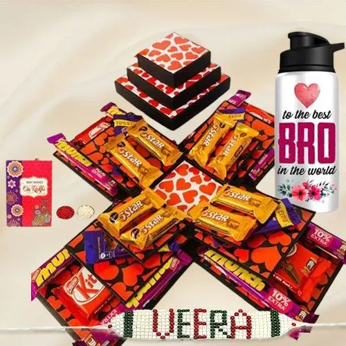Exclusive 3 Layer Chocolate Explosion Box N Personalized Bro Sipper with Veera Rakhi