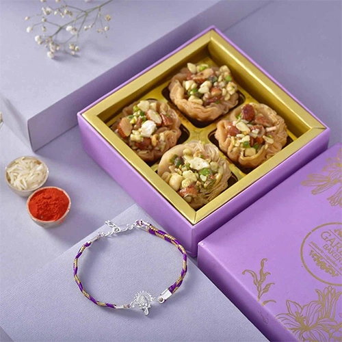 Extravagant Silver Rakhi with Tart Baklawa