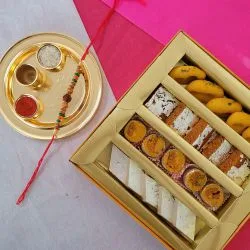 Attractive Rudraksha Rakhi with Sweets N Golden Rakhi Thali Combo