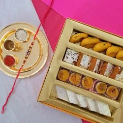 Attractive Stone Rakhi N Assorted Sweets with Golden Rakhi Thali
