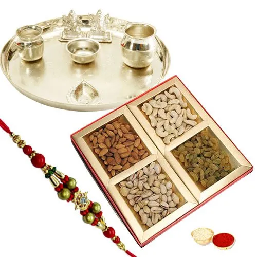 Fascinating Silver Plated Thali Mixed Dry Fruits Rakhi with Festive Look