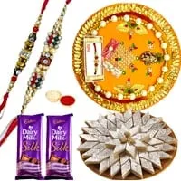 Wonderful Pooja Thali Yummy Kaju Katli Gift E Voucher from Pantaloons with 2 free Rakhi Roli Tilak and Chawal