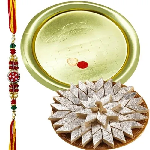 Auspicious Gift of Glorious German Silver Golden Plated Thali along with Crunchy Kaju Katli of 100 Gms from Haldirams