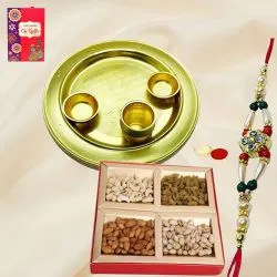 Special Gold Plated Thali with Dry Fruits and Rakhi